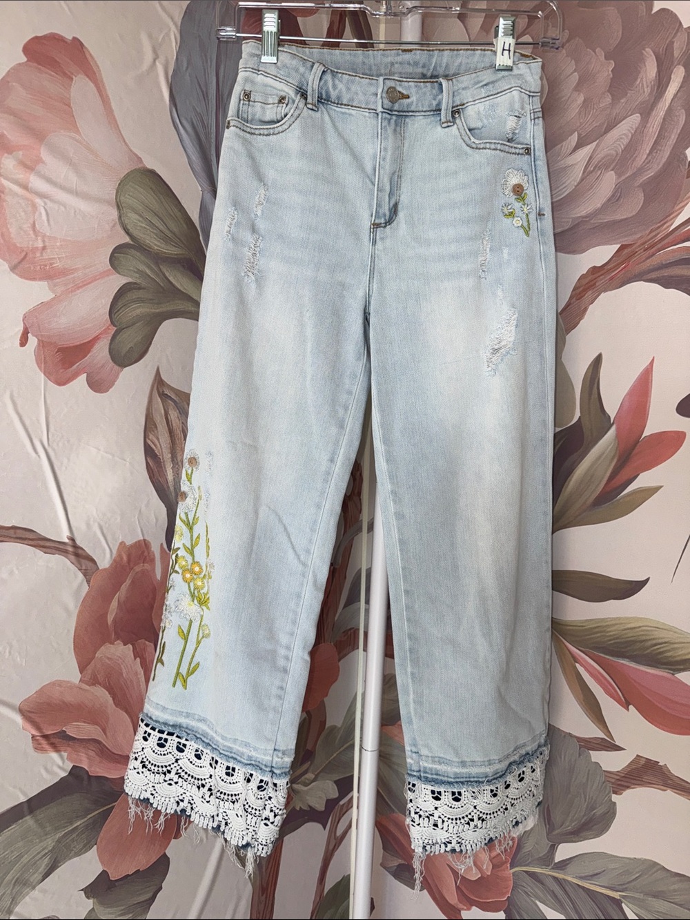Kids Light Wash Floral Embroidered Jeans with Crochet Hem - Size 12